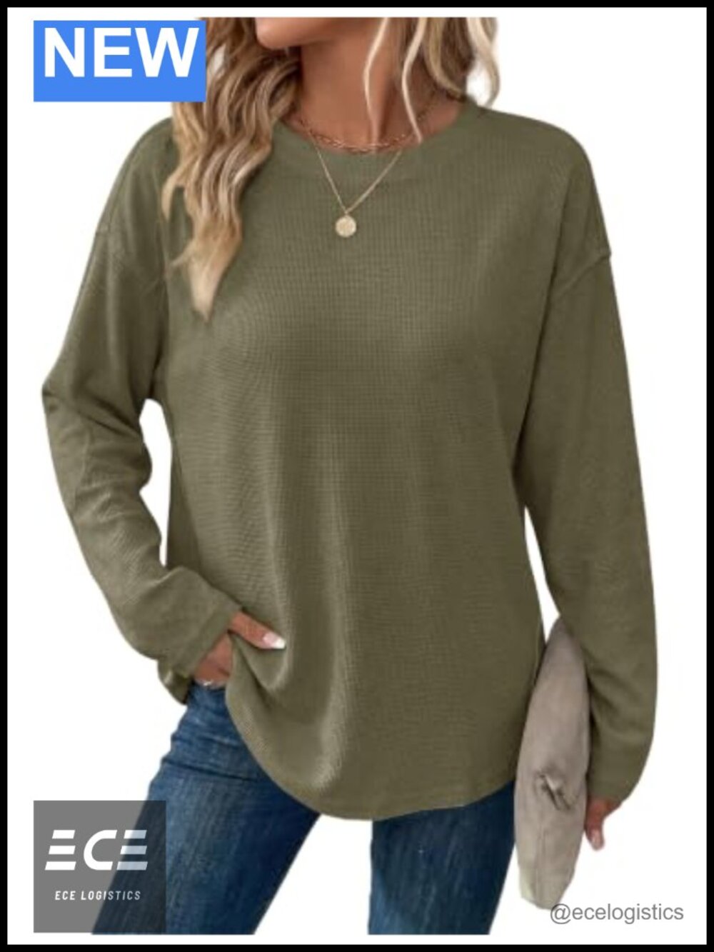 Oversized Waffle Knit Tunic Sweatshirt Loose Long Sleeve Crewneck Pullover